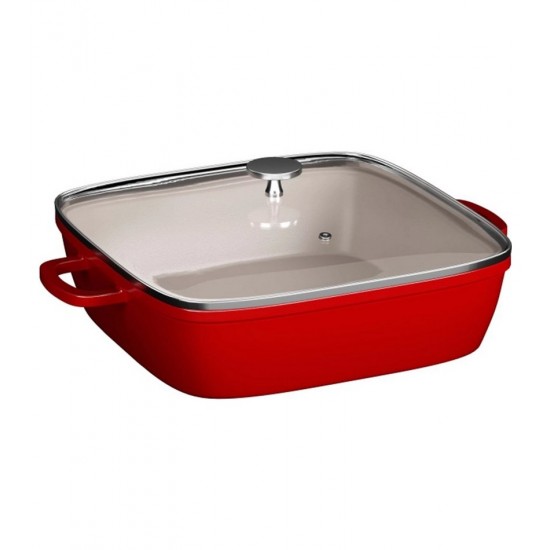 Caçarola 28cm Quadrada Vermelho Com Tampa De Vidro Fundo Indução